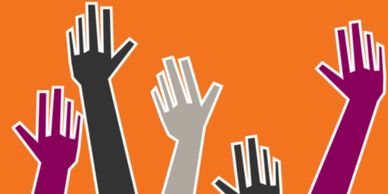 Five stylized hands reaching upwards against an orange background.