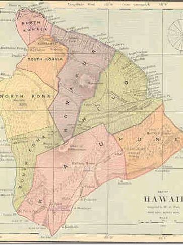 Vintage map of Hawaii showing its various districts and regions.
