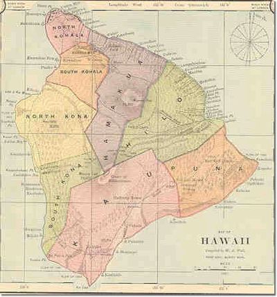 Vintage map of Hawaii island showing districts and regions.