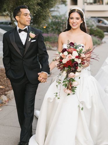 Burgundy cascading bridal bouquet St. Dominic's Church and University Club of SF, San Francisco, CA 