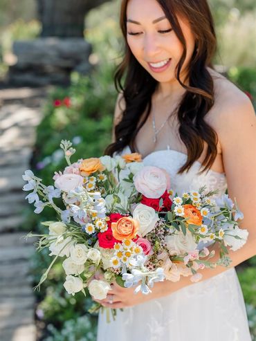 whimsical colorful bridal bouquet Cinnabar Hills Golf Club San Jose CA summer wedding florals
