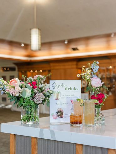 Bar small and bud glass vase centerpiece Cinnabar Hills Golf and Country Club San Jose, CA wedding