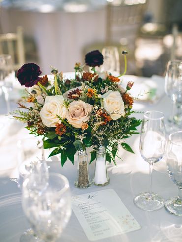 rust, purple organic floral centerpiece Elizabeth F. Gamble Garden wedding florist Palo Alto, CA