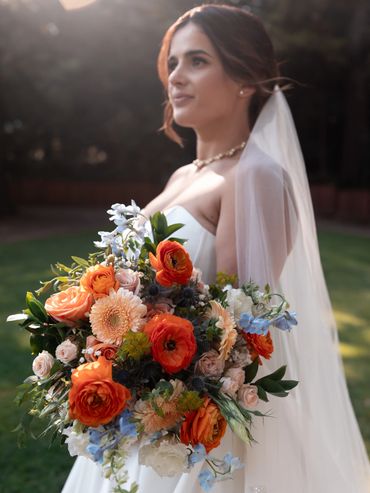 Bridal bouquet orange blue terracotta romantic The Mountain Terrace wedding florist Woodside CA