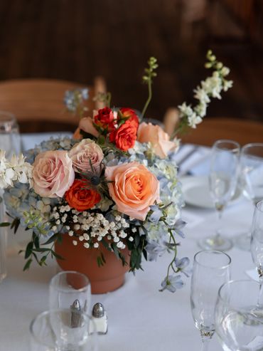 Hydrangea rose terracotta centerpiece Mountain Terrace Mexican Hispanic wedding florist Woodside, CA