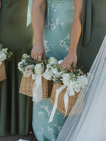 bridesmaid baskets woven blush ivory flower bouquets ribbon Oceano Hotel and Spa, Half Moon Bay, CA