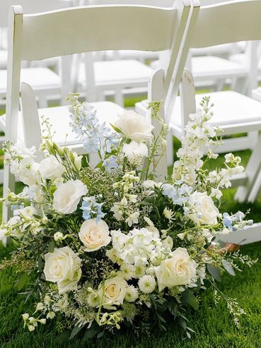 white ivory light blue flowers wedding ceremony Cavallo Point Sausalito, CA San Francisco florist