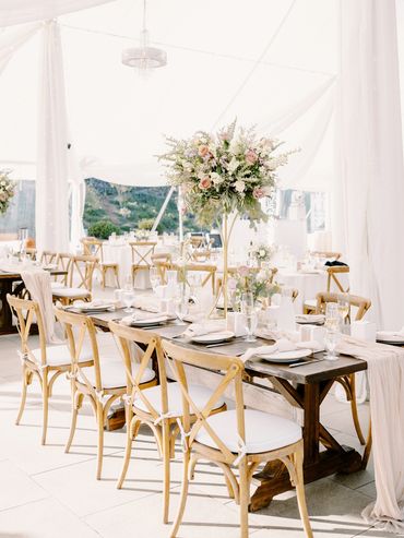 grand rose lavender olive leaf gold tall centerpiece Nella Terra Cellars wedding florist Sunol, CA