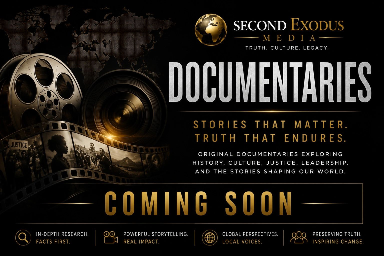 Promotional poster for Second Exodus Media documentaries.