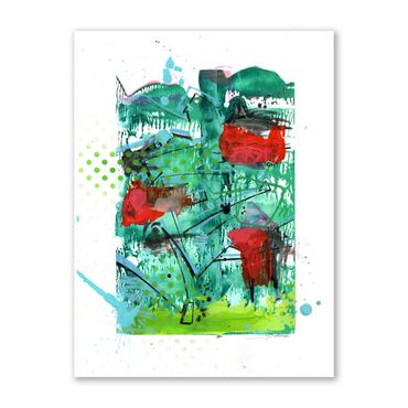 Abstract painting with vibrant green and red brushstrokes and dynamic black lines.