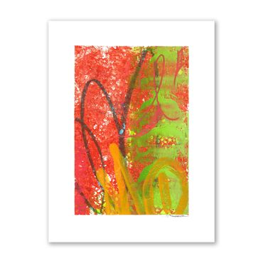 Abstract painting with vibrant red, green, yellow, and black strokes.