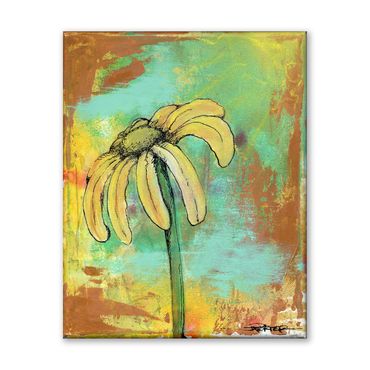 Abstract painting of a drooping yellow flower on a colorful background.