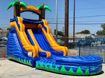 This palm tree water slide has a climber on one side and a slide on the other side which fits 2-3 pe