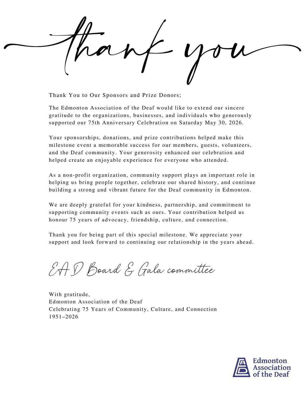 Thank you note from Edmonton Association of the Deaf for 75th Anniversary support.