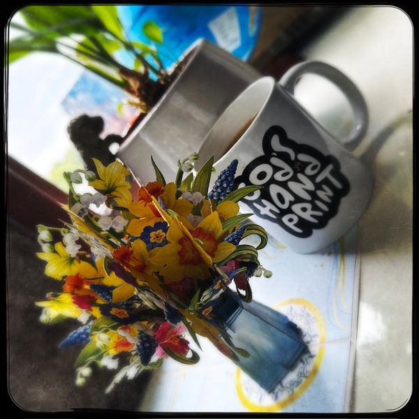 Colorful flower bouquet beside a coffee mug with text on a table near a window.