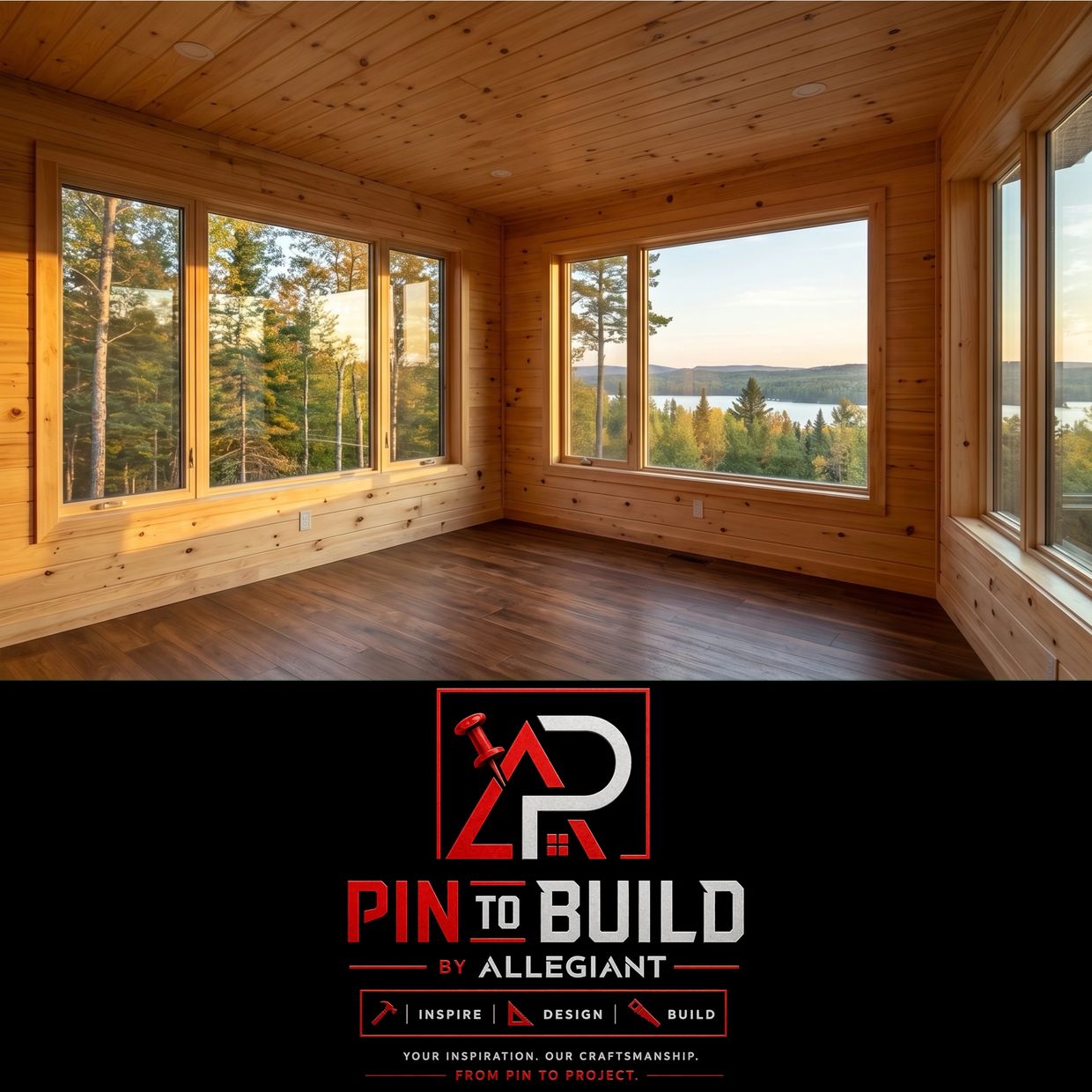 Sunlit wooden room with large windows overlooking a forest and lake.