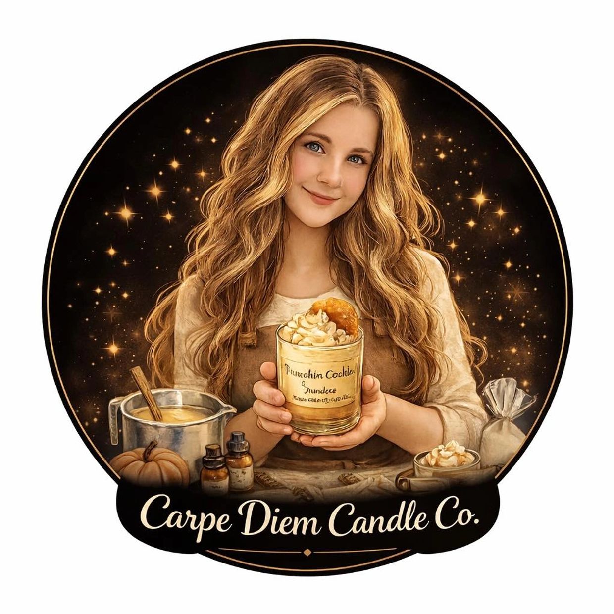 Young woman holding a candle with baking ingredients around, Carpe Diem Candle Co. logo.