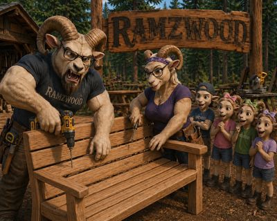 Anthropomorphic goats building a bench with kids watching eagerly.