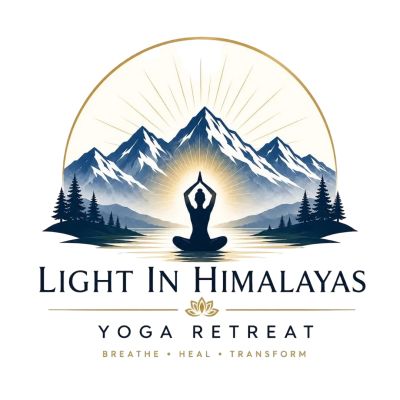 Yoga retreat logo with mountains and meditating figure.