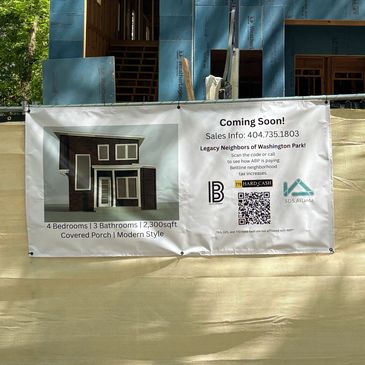 Banner advertising upcoming modern-style house sales with 4 bedrooms and 3 bathrooms.