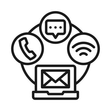 Communication icons including phone, chat, wifi, and email on a laptop.