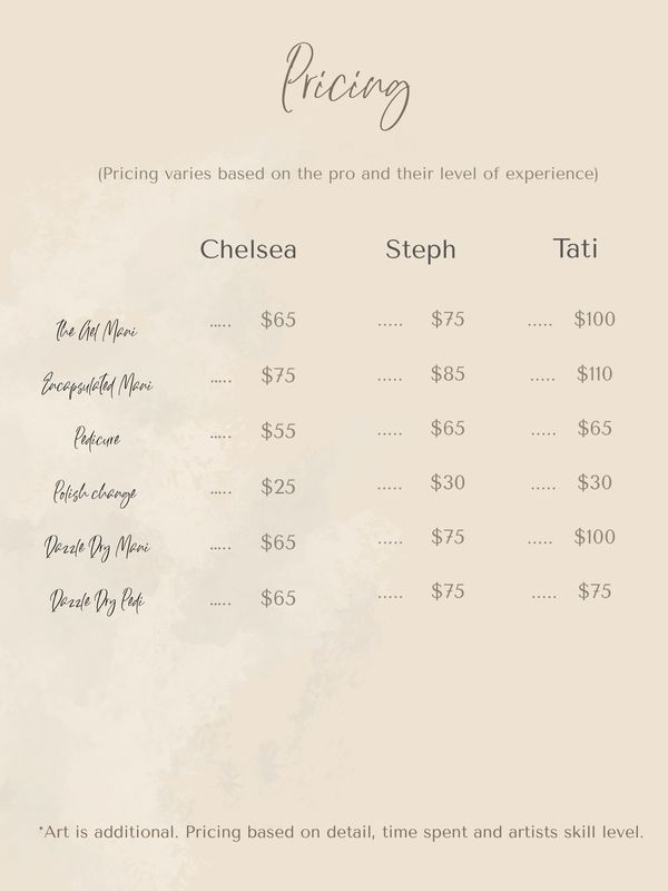 Nail service pricing comparing Chelsea, Steph, and Tati's rates.