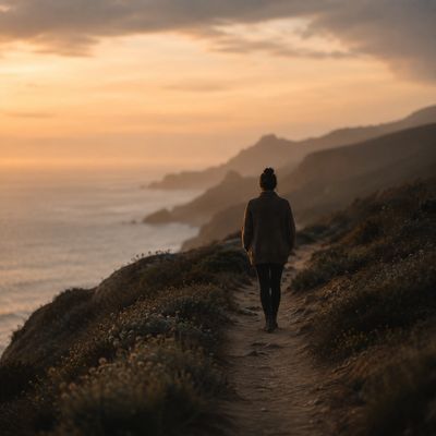 Person walking on a path next to the sea with clouds and dim light on the horizon