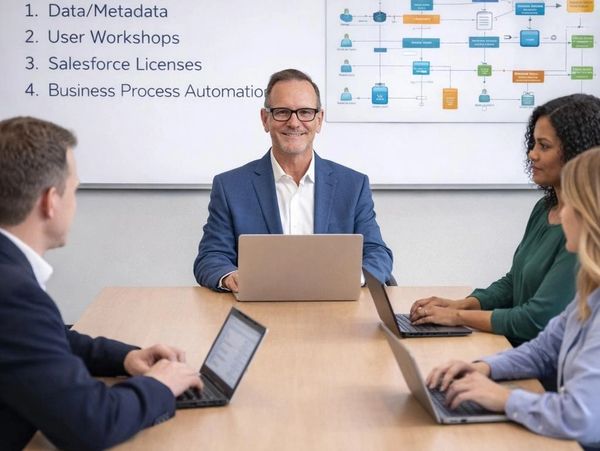 Four professionals in a meeting discussing business automation and Salesforce licenses.