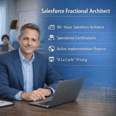 Professional man promoting Salesforce Fractional Architect services with key benefits.