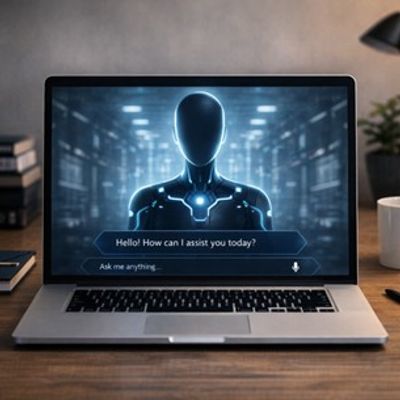 A laptop screen shows a futuristic AI assistant ready to help.