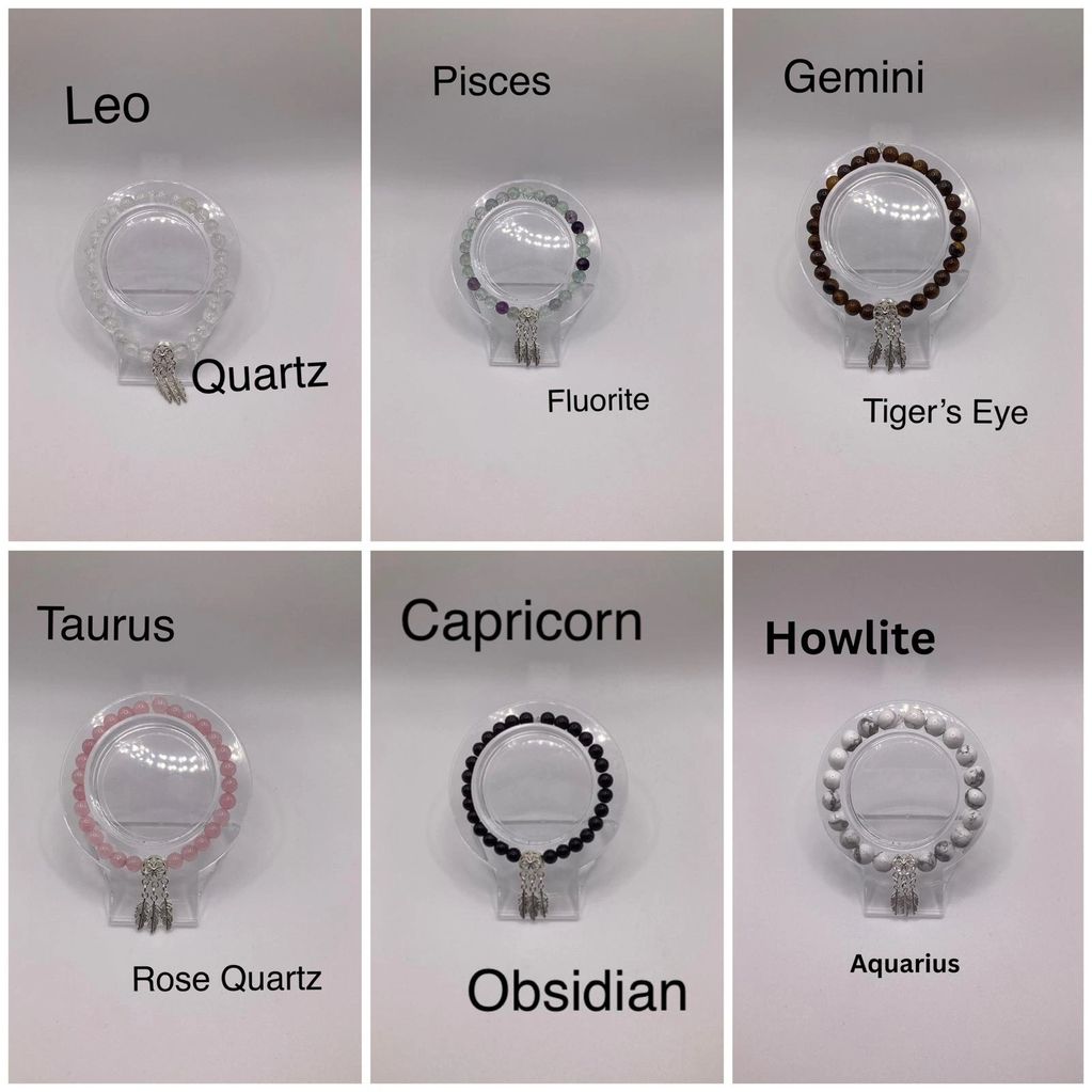Zodiac bracelets with corresponding stones.
