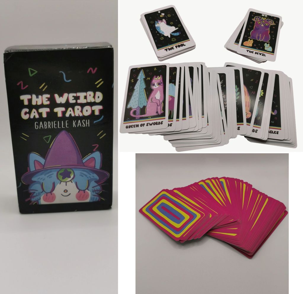 The Weird Cat Tarot deck by Gabrielle Kash with colorful cat-themed cards. 
