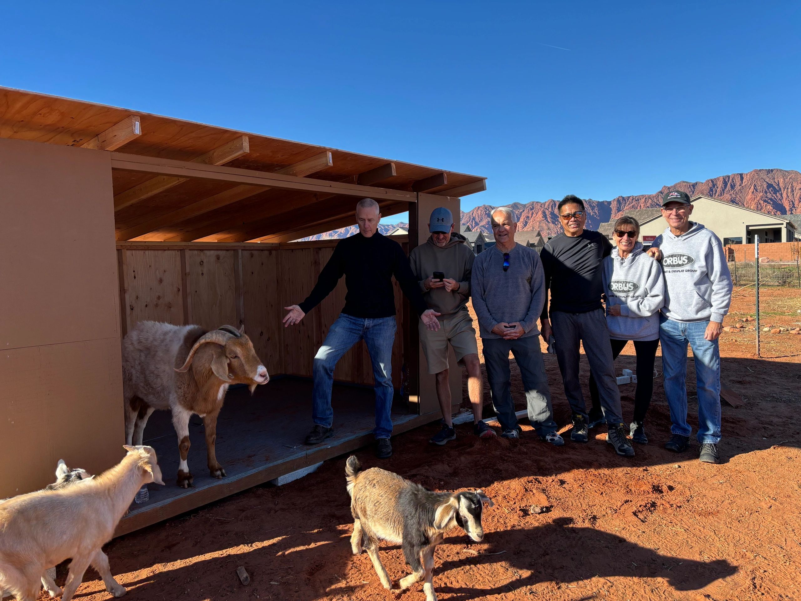 Group of six people standing near goats and a wooden shelter.