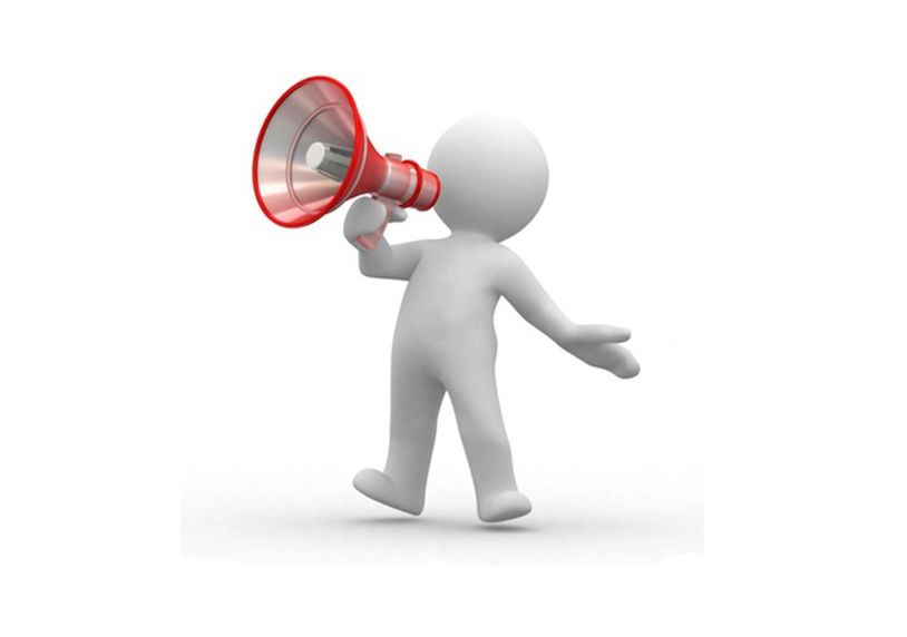3D figure shouting through a red megaphone on a white background.