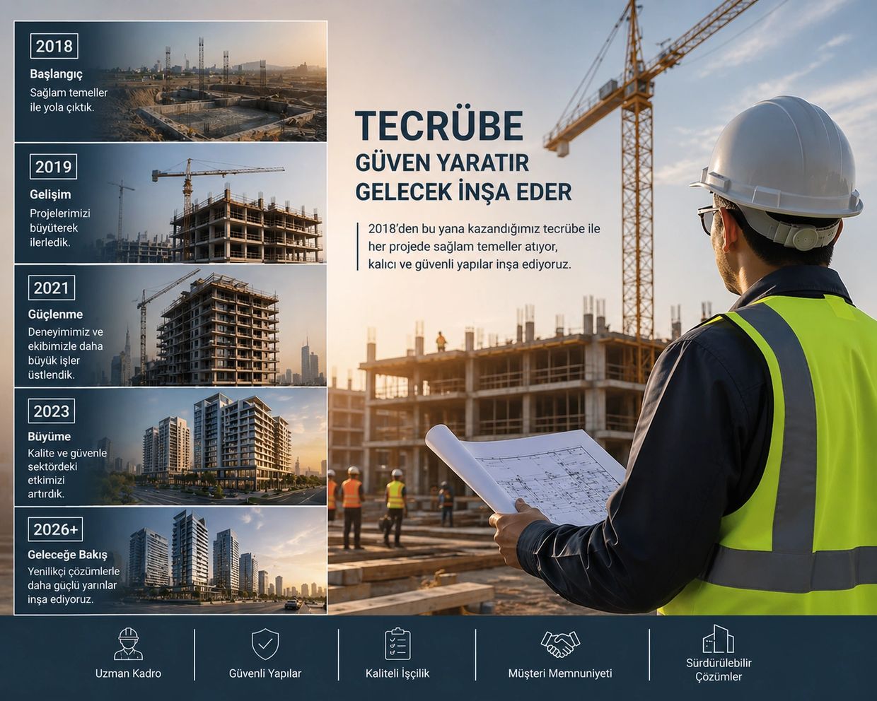 Construction timeline showcasing growth from 2018 to future projects with a worker reviewing plans.