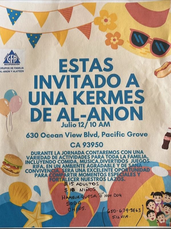 Invitation to an Al-Anon kermes event with food, music, and games for families.
