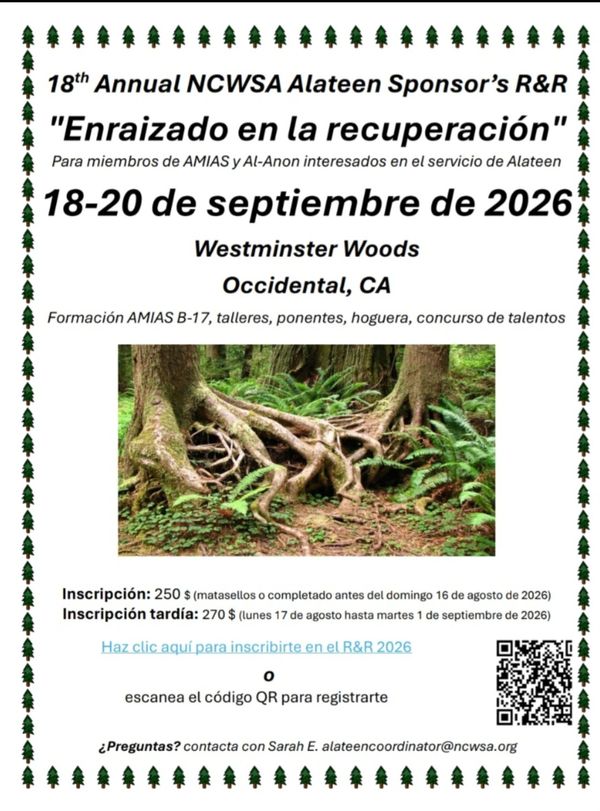Flyer for the 18th Annual NCWSA Alateen Sponsor's R&amp;R event in September 2026, Occidental, CA.