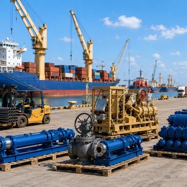 Industrial port with machinery and cargo ship.