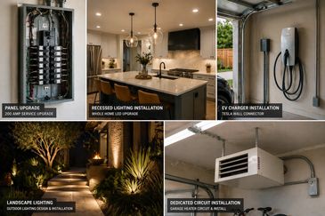 Various electrical upgrade installations including panel, lighting, EV charger, and dedicated circuits.