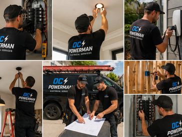 Electricians from OC Powerman Electrical Services working on various electrical tasks.