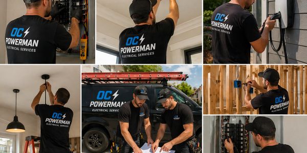 Electricians from OC Powerman Electrical Services working on various electrical tasks.
