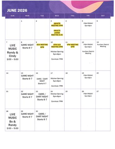 June 2026 calendar showing music, meetings, and game nights.