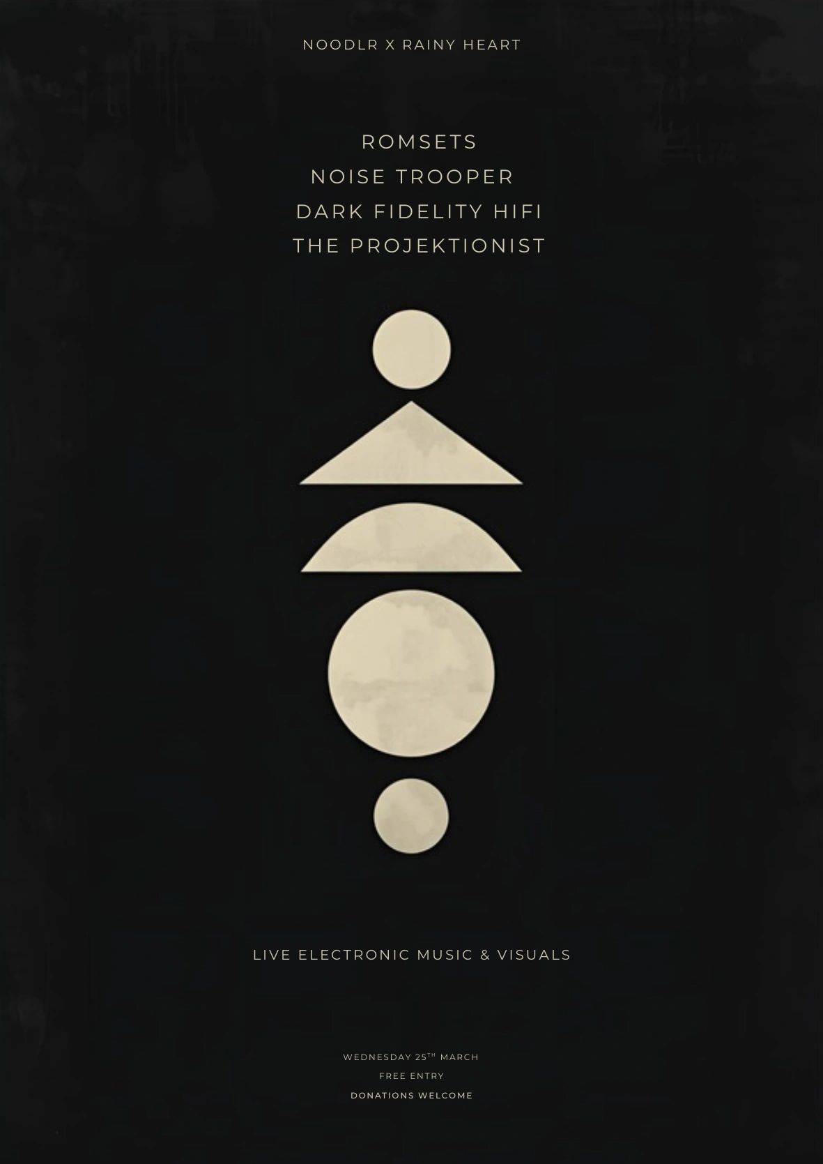 Minimalist poster for live electronic music featuring four artists on a black background.