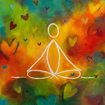 Abstract figure meditating with colorful hearts in the background.