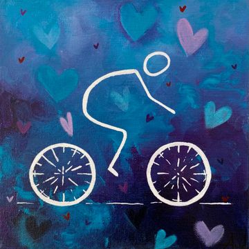 Abstract figure riding a bicycle with heart shapes on a blue-purple background.