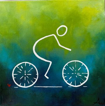 Abstract bicycle and rider illustration with clock wheels on green-blue background.