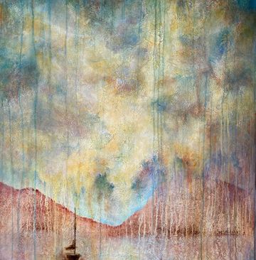 Abstract painting of a boat on calm water with mountains and a colorful sky.
