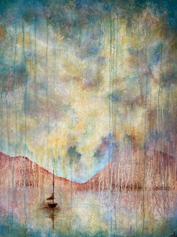 Abstract painting of a boat on calm water with mountains and a colorful sky.
