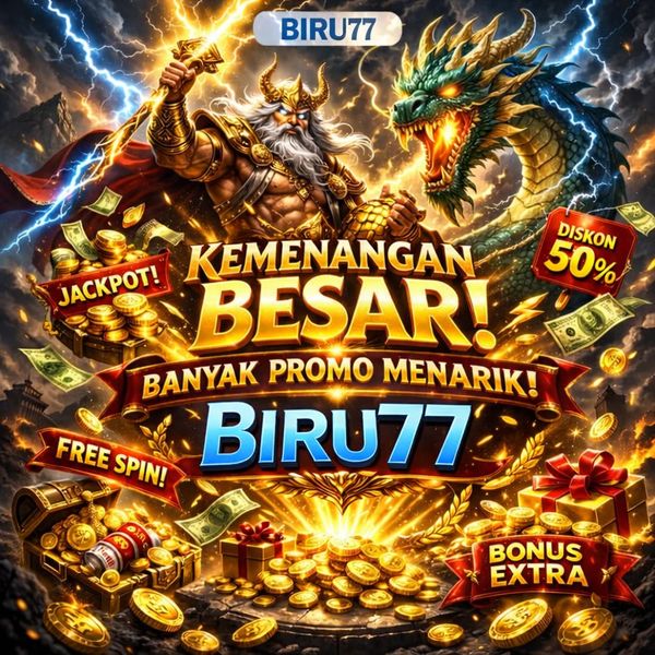 Promotional image for BIRU77 featuring jackpot, free spins, and 50% discount offers with a dragon and warrior.