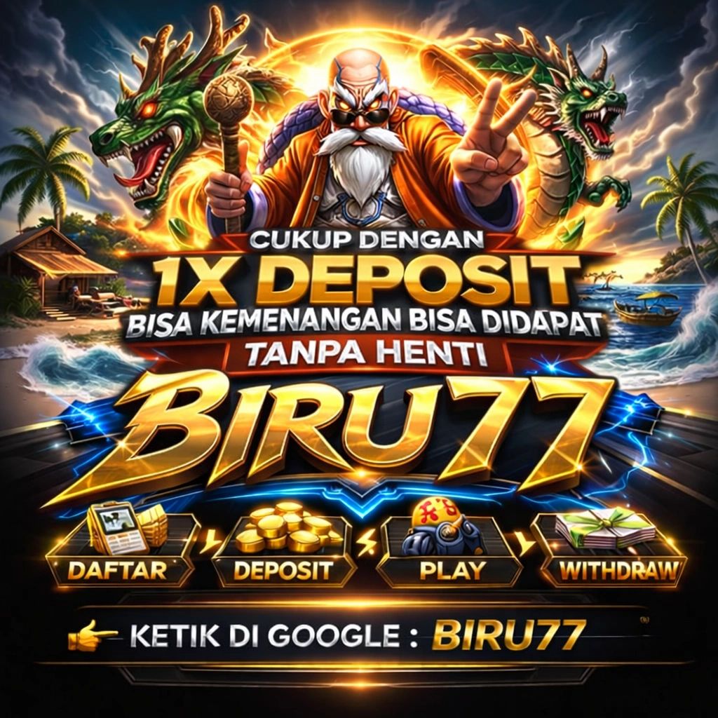 Promotional image for Biru77 with dragons and a wise man, highlighting easy deposit and continuous winnings.